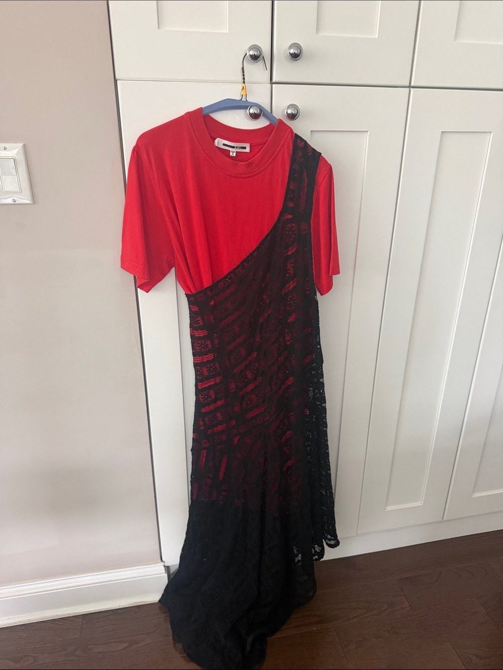 Alexander McQueen Red Tee with Black Lace Asymmetrical Overlay Dress